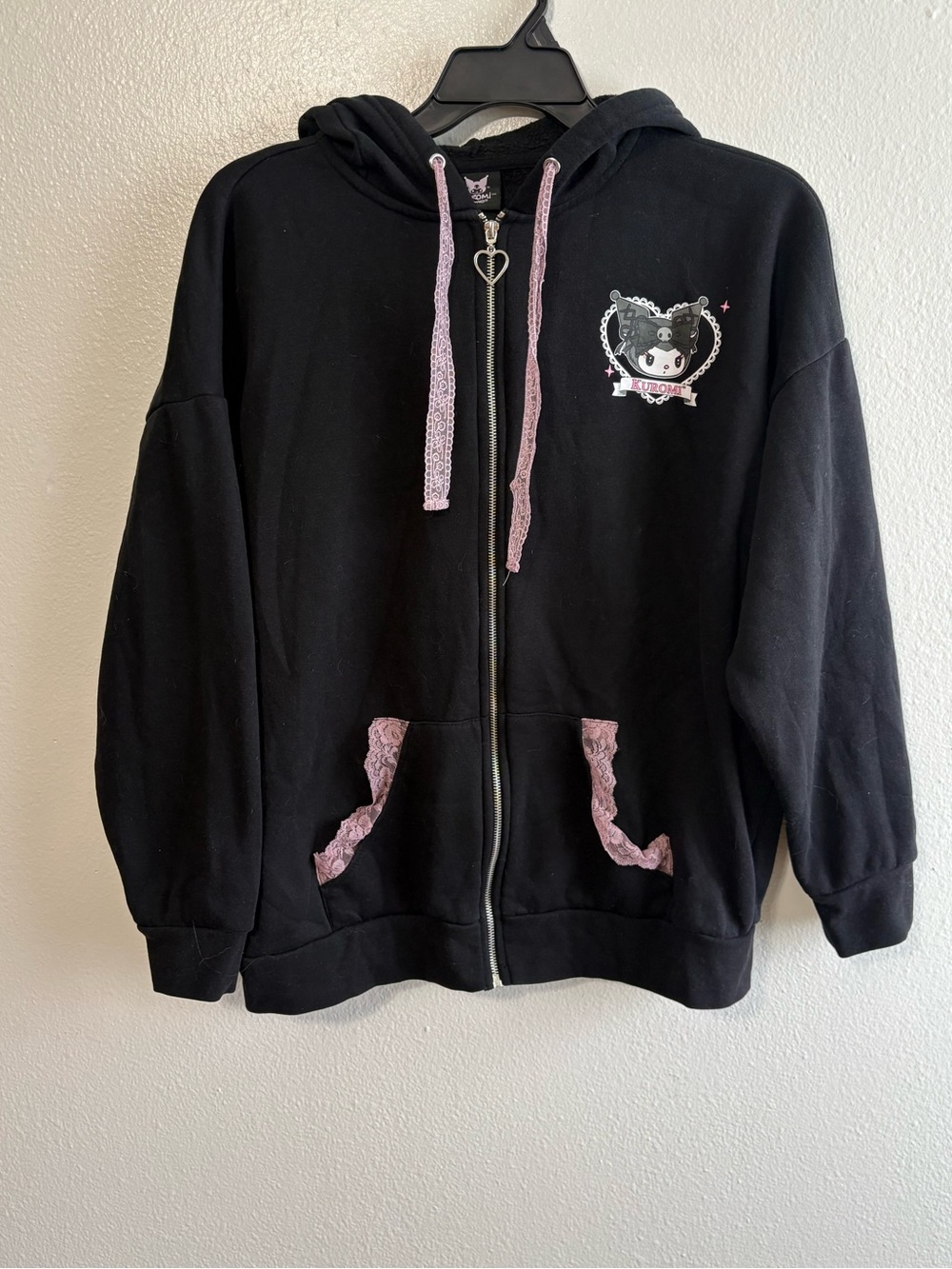 Kuromi By Sanrio Size Small Black Pink Lolita Lace 3D Ear Hoodie Grunge Punk